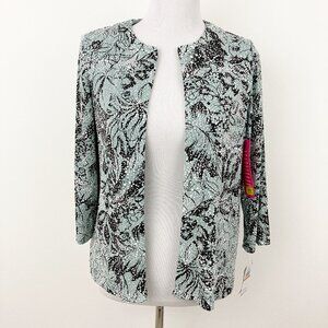 NWT Alex Evenings Open Front Jacket Size S Ice Sage 3/4 Sleeve Glitter Floral